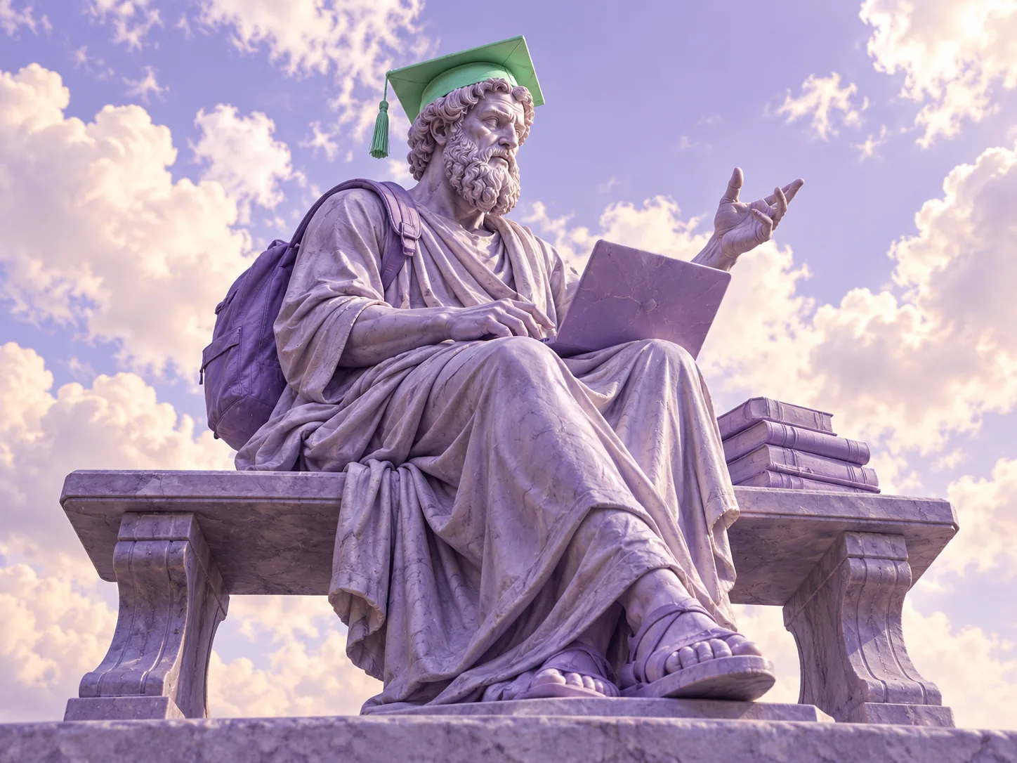 Estátua de Platão com capelo de formatura, mochila e notebook em um banco do campus